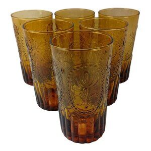 Anthropologie Fleur De Lis Amber  Large Tumblers Drink Glass 6pc Portugal 20oz
